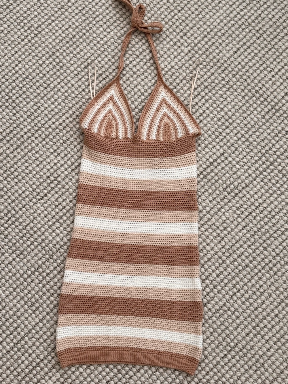 Striped Crochet Halter Mini Dress - Tan & Cream